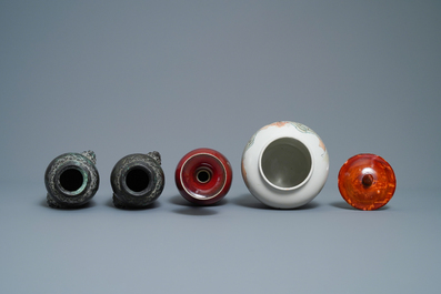 A varied selection of Chinese porcelain, bronze, wood and hardstone, 19/20th C.