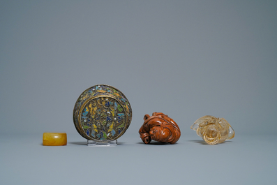 A varied selection of Chinese porcelain, bronze, wood and hardstone, 19/20th C.