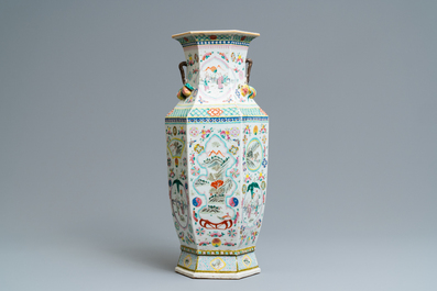 A Chinese hexagonal famille rose 'antiquities' vase and a bowl, 19th C.