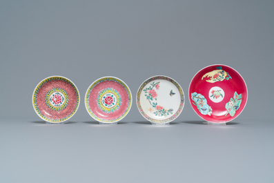 Vier Chinese famille rose koppen en schotels, Yongzheng/Qianlong