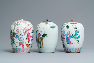 Three Chinese famille rose and qianjiang cai jars, 19/20th C.
