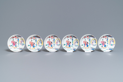 Een Chinese famille rose theepot, zes schotels en drie koppen, Yongzheng/Qianlong