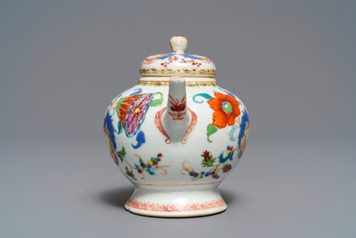 A Chinese famille rose 'Pompadour' teapot and cover, Qianlong
