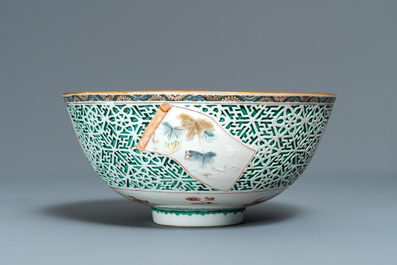 A Chinese famille verte relief-decorated bowl, Yongzheng
