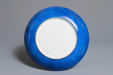 A Chinese powder blue and gilt dish with floral design, Kangxi