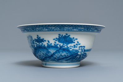 A Chinese blue and white bowl with an unusual scene with slaves, Qianlong