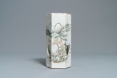 A Chinese hexagonal qianjiang cai hat 'landscape' hat stand, 19/20th C.