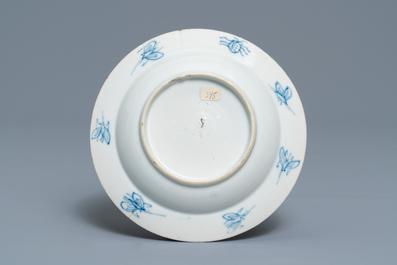 A Japanese blue and white Arita dish after Cornelis Pronk: 'Dames au Parasol', Edo, 18th C.