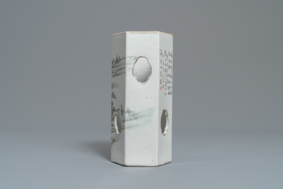 A Chinese hexagonal qianjiang cai hat 'landscape' hat stand, 19/20th C.