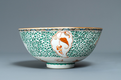A Chinese famille verte relief-decorated bowl, Yongzheng