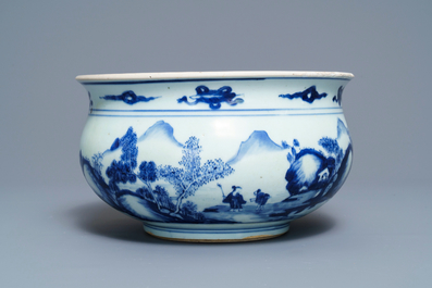 A Chinese blue and white censer with figures in a landscape, Kangxi