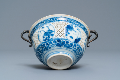 A Chinese silver-mounted blue and white reticulated bowl, Transitional period