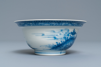 A Chinese blue and white bowl with an unusual scene with slaves, Qianlong