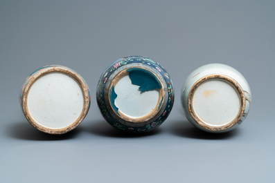 Three Chinese famille rose vases, 19/20th C.