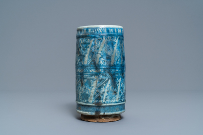 A blue and white cylindrical Islamic pottery vase, Syria or Iran, 19th C.