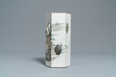A Chinese hexagonal qianjiang cai hat 'landscape' hat stand, 19/20th C.