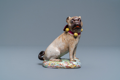 Un mod&egrave;le d'un carlin en fa&iuml;ence polychrome de Tournai, 18&egrave;me