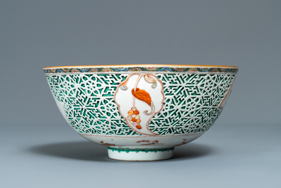 A Chinese famille verte relief-decorated bowl, Yongzheng