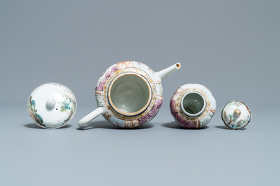 A Chinese famille rose teapot and caddy with a lady holding a small dog, Yongzheng/Qianlong