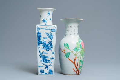 Two Chinese blue and white and qianjiang cai vases, 19/20th C.
