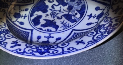 A Chinese blue and white 'cranes' dish, 'fu gui jia qi' merk, Jiajing