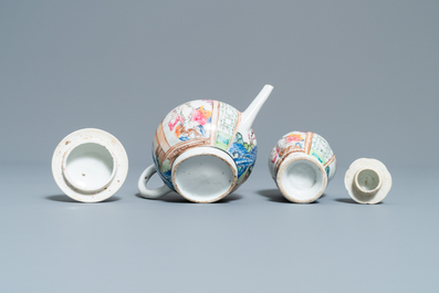 A Chinese famille rose teapot and caddy with a lady holding a small dog, Yongzheng/Qianlong
