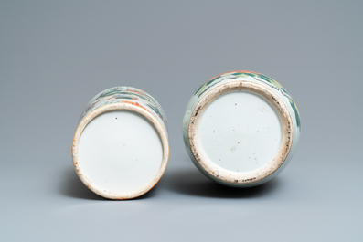 A Chinese famille verte rouleau vase and a famille rose vase, 19th C.