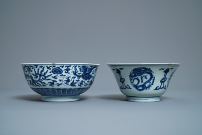 Five Chinese blue and white bowls, Kangxi/Yongzheng