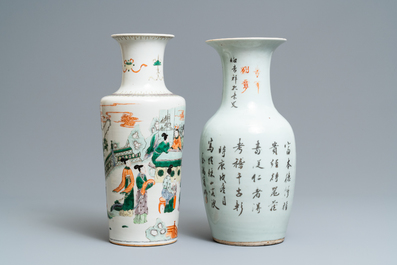 A Chinese famille verte rouleau vase and a famille rose vase, 19th C.