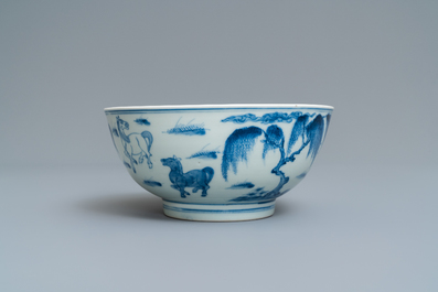 A Chinese blue and white 'Eight horses of general Mu Wang' bowl, Yongle mark, Kangxi