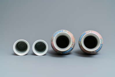 A pair of Chinese famille rose and a pair of blue and white vases, 19th C.