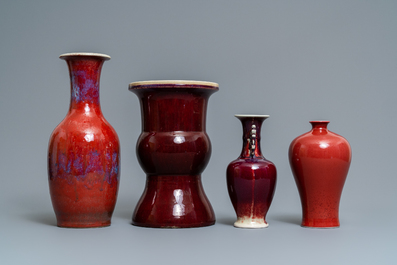 Four Chinese monochrome flamb&eacute; and sang-de-boeuf vases, 19/20th C.