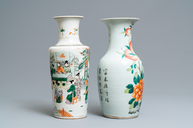A Chinese famille verte rouleau vase and a famille rose vase, 19th C.