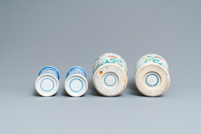 A pair of Chinese famille rose and a pair of blue and white vases, 19th C.
