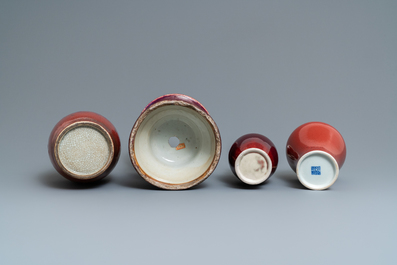 Four Chinese monochrome flamb&eacute; and sang-de-boeuf vases, 19/20th C.