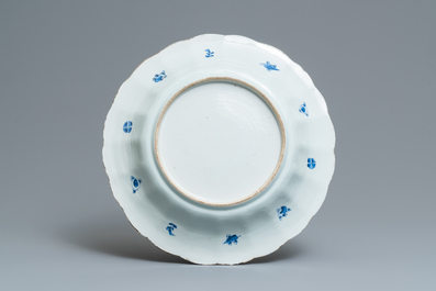 A large Chinese blue and white lobed dish with fish, Kangxi