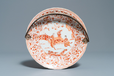 Three Chinese iron-red and gilt plates and a silver-mounted dish, Kangxi