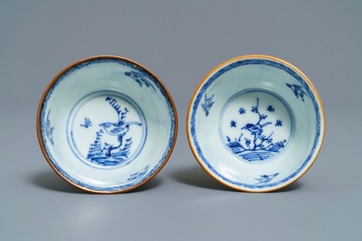 Six Chinese blue, white and copper-red cups and saucers, Kangxi