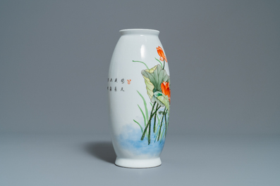 A polychrome Chinese 'kingfisher on lotus flower' vase, Qianlong mark, 20th C.