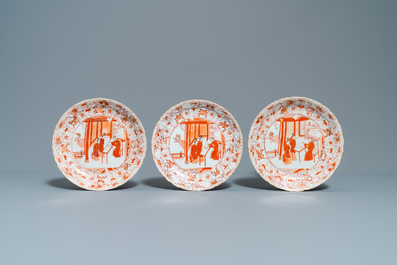 Three Chinese iron-red and gilt plates and a silver-mounted dish, Kangxi