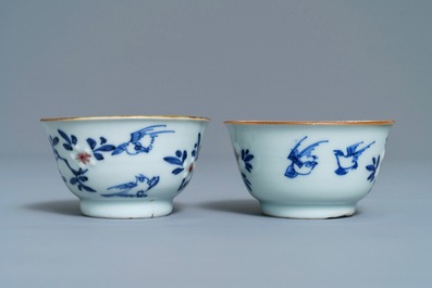 Six Chinese blue, white and copper-red cups and saucers, Kangxi