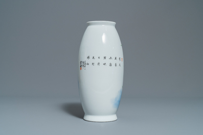 A polychrome Chinese 'kingfisher on lotus flower' vase, Qianlong mark, 20th C.