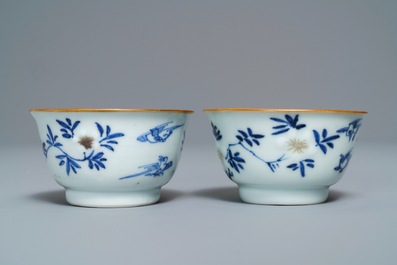 Six Chinese blue, white and copper-red cups and saucers, Kangxi