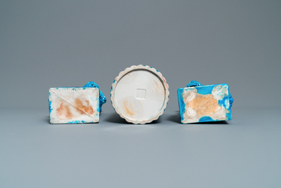 A pair of Chinese monochrome lavender blue vases, a turquoise hat stand and a pair of lions, 19/20th C.