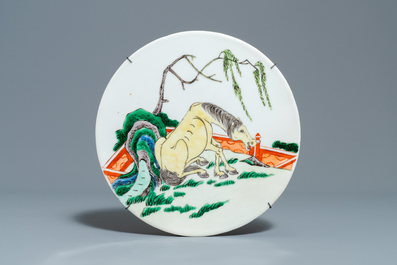 Five Chinese famille verte plaques with horses, 19th C.