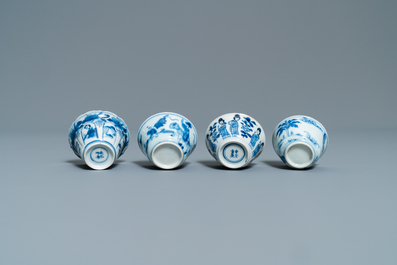 Four Chinese blue and white cups and saucers, Kangxi