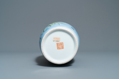 A polychrome Chinese 'kingfisher on lotus flower' vase, Qianlong mark, 20th C.