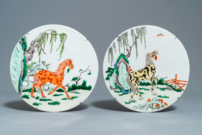 Five Chinese famille verte plaques with horses, 19th C.