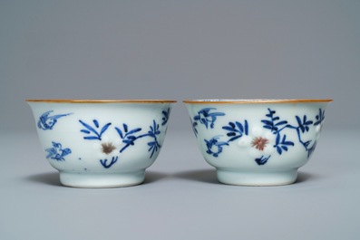 Six Chinese blue, white and copper-red cups and saucers, Kangxi