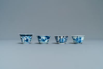 Four Chinese blue and white cups and saucers, Kangxi